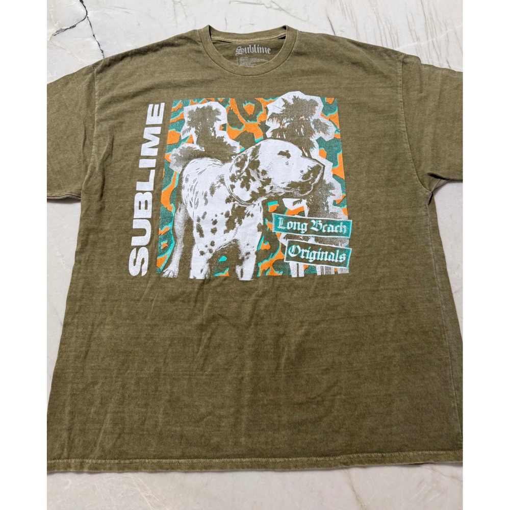 Sublime Long Beach Originals Lou Dog Olive Green T-Shirt Mens L XL Sun Graphic